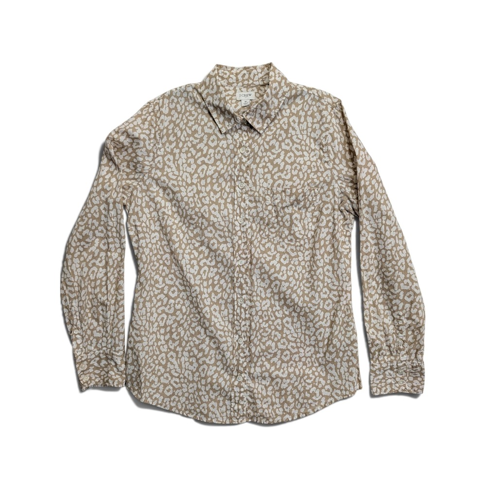 J.Crew Womens Button Front Shirt M Leopard Animal Print Re-Imagined Tan White